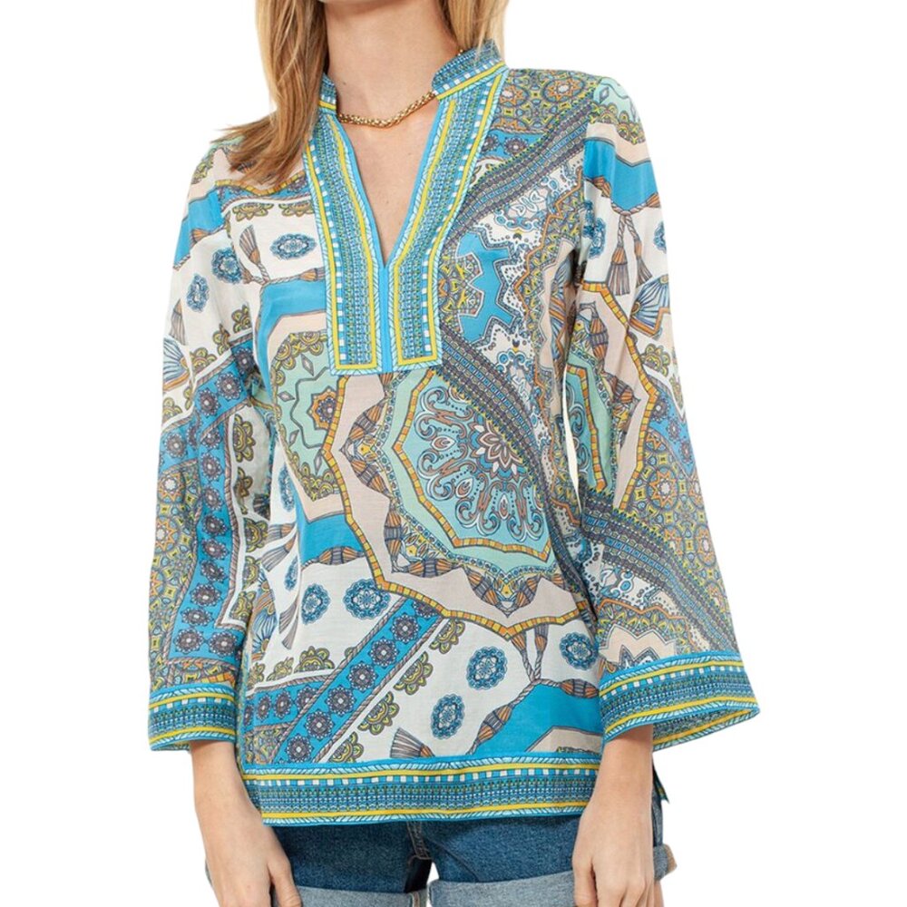 Hale Bob Boho Print Tunic Top, NWT, Blue, S